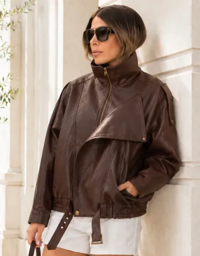 Jaqueta Oversized  Courino Ecologico Casual Frio Inverno Marrom G (44-46) Liso