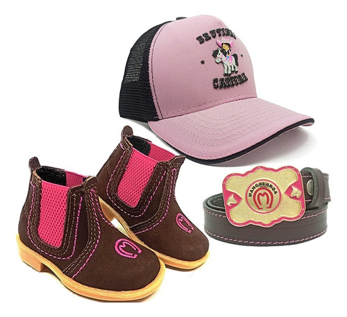 Kit Infantil Bota Mm Boné Kids Brutinha Cinto C Fivela Rosa