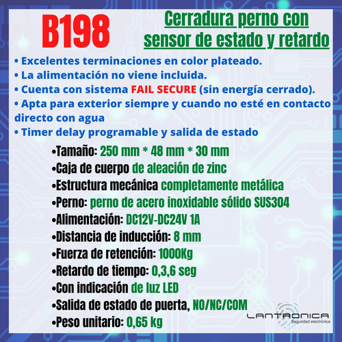 Imagen 2 de 8 de Cerradura Electrica De Perno Con Llaves Fail Sec 12vdc B198