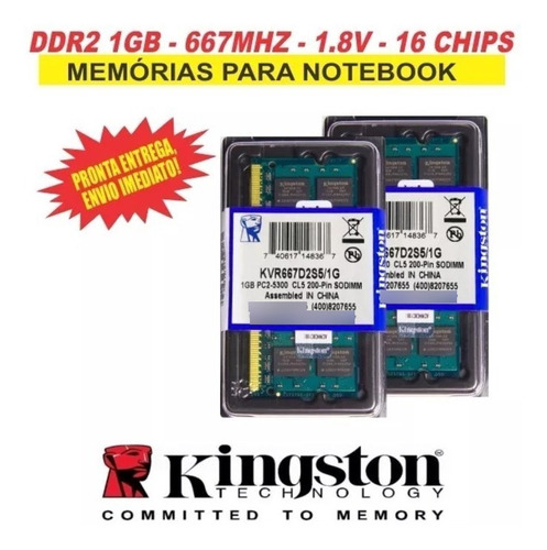 Memória Kingston Ddr2 1gb 667 Mhz Notebook 1.8v 01 Unidade