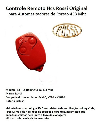 Controle Portão Rossi 433 Dz Nano Atto Dz3 Dz4 Bv Vermelho