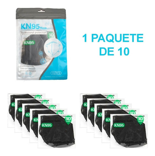 Imagen 2 de 6 de Cubrebocas Kn95 Tapabocas Mascarilla Negro 10 Piezas
