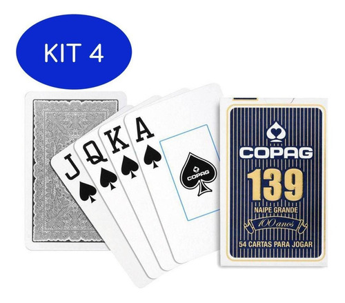 Kit 4 Jogo De Baralho Copag 139 Original Naipe Grande Azul