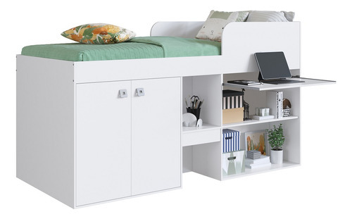 Cama Alta Multifuncional C/ Escrivaninha 90 Monterey Branco