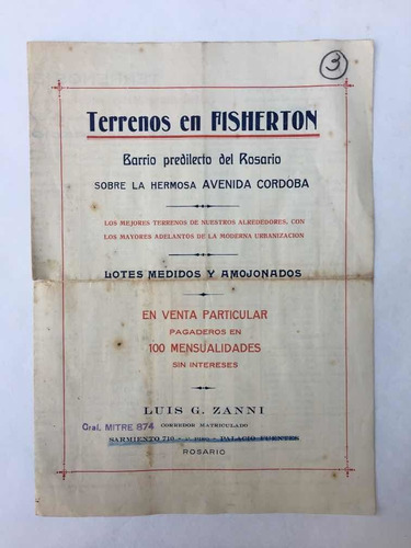 Terrenos En Fisherton. Loteo Sobre Avenida Córdoba. 1930.