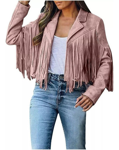 Chaqueta Vaquera De Gamuza Con Borlas Para Mujer