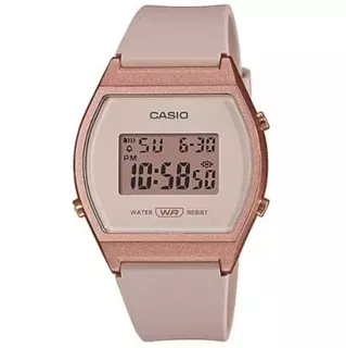 Reloj pulsera Casio Youth LW-204 de cuerpo color oro rosa, digital, fondo rosa, con correa de resina color rosa, dial negro, minutero/segundero negro, bisel color oro rosa