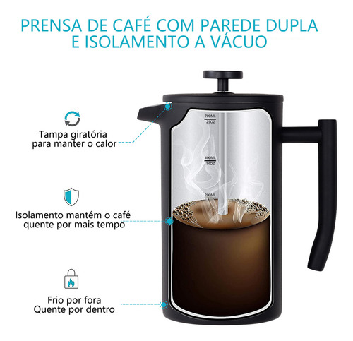 Icoffee Prensa Francesa 700ml De Aço Inoxidável Com Três Telas De Filtro Cor Preto