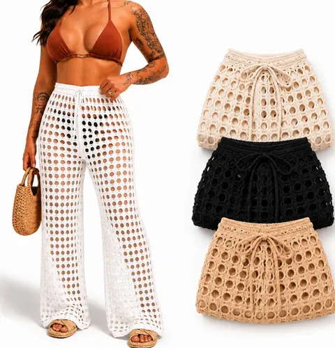 Calça Saída De Praia Tricô Canga Piscina Crochê Moda Verão