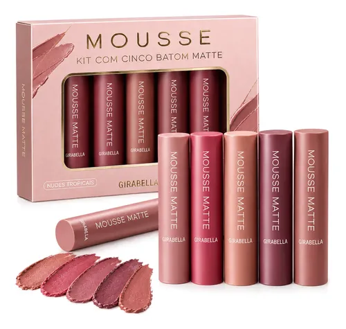 Kit 5 Batons Mousse Aveludado Matte Versátil Chocolate Rosa Nude Tropicais