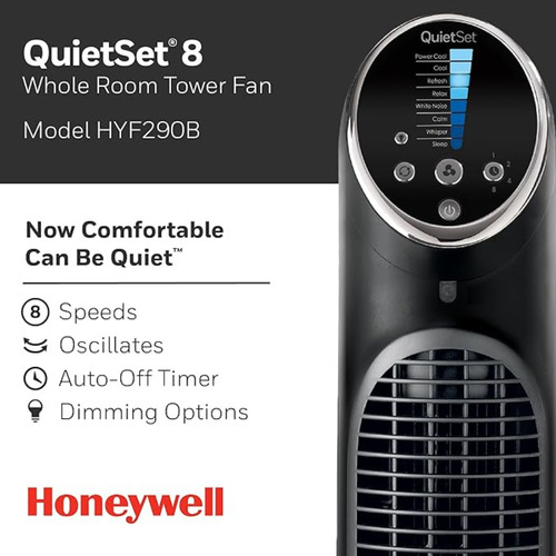 Ventilador De Torre Honeywell Quietset - Diseño Elegante 25.4 Cm Negro Negro Plástico