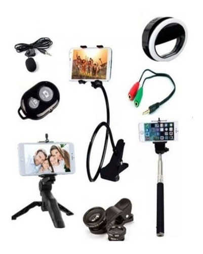 Kit Youtuber 9 X 1 Tripé Mão Selfie Lentes Anel Flash Lapela