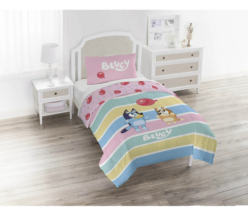 Juego Cama Individual Edredon 2 Vistas Sabanas Bluey 5pz Rosa Bluey