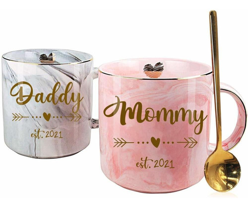 New Parents Coffee Mug Set, Mommy Daddy Est 2021 Mug Set