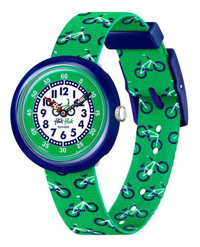 Reloj Flik Flak Bikyway Para Niños De Tela Verde Ss Color del bisel Azul