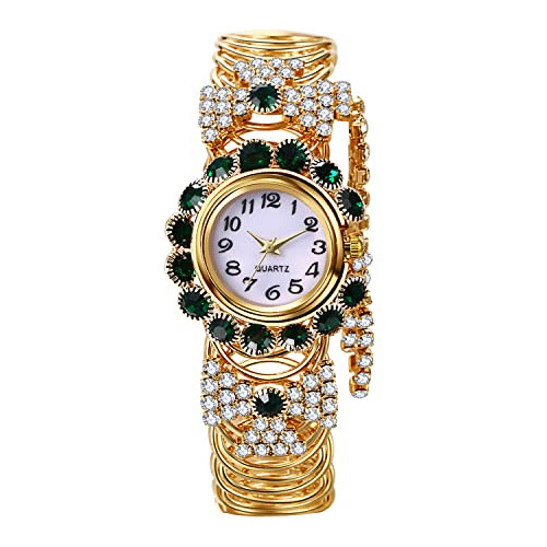 Reloj De Pulsera Dorado Con Diamantes Y Brazalete Abierto.