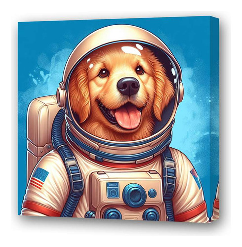 Cuadro 30x30cm Perro Golden Retriever Astronauta Azul M2