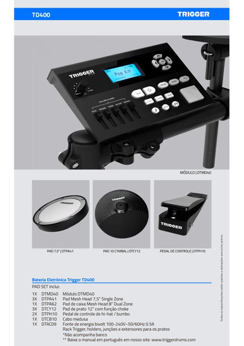 Bateria Eletrônica Trigger Td-400 Completa Display De Led