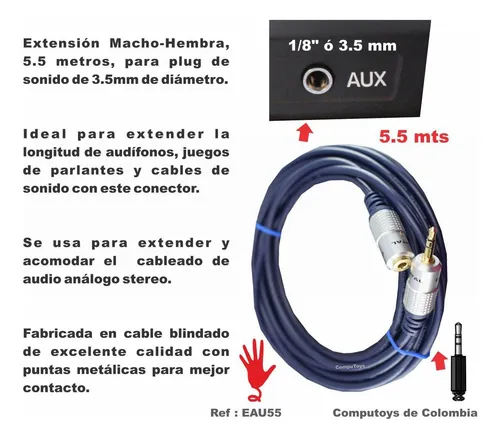 Cable Extensor Stereo Plug Jack 5.5 M Alta Calidad Computoys