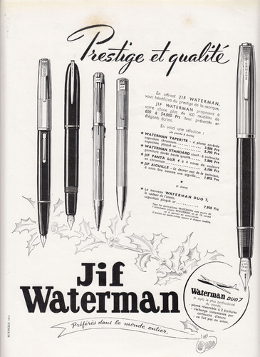 1952 Publicidad Lapiceras Waterman Francia Fountain Pen