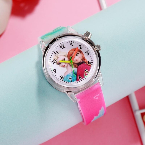 Reloj Frozen Princesas Ana Y Elsa Con Luz Niñas Infantil Correa Rosa Chicle Bisel Plateado