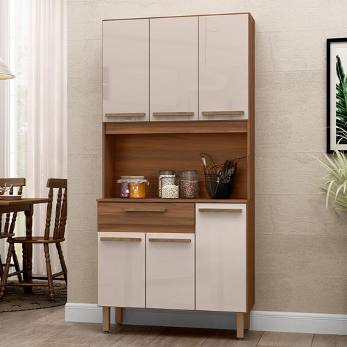 Armario De Cozinha Santiago 90 Cm Com 6 Portas E 1 Gaveta Cor Freijo/baunilha