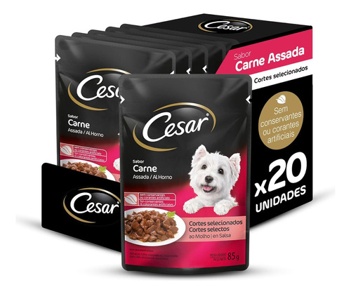 Pack Ração Úmida Cesar para Cães Adultos, Sachê Cortes Selecionados Carne Assada ao Molho, 85g - Caixa com 20 unidades