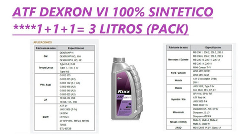  3lts Atf Dextron Vi  Kixx 100% Sintetico (korea) Leer****
