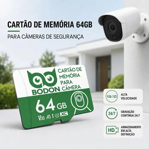 Cartão MicroSD 64GB Bodon para Câmera Segurança Monitoramento Premium