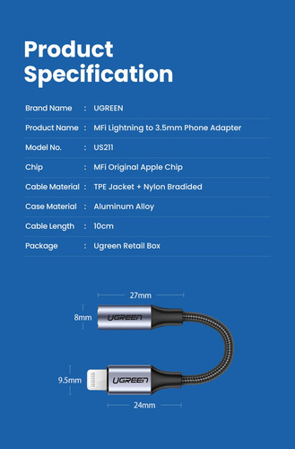 Adaptador Lightning A 3.5mm Mini Jack Certificado Ugreen