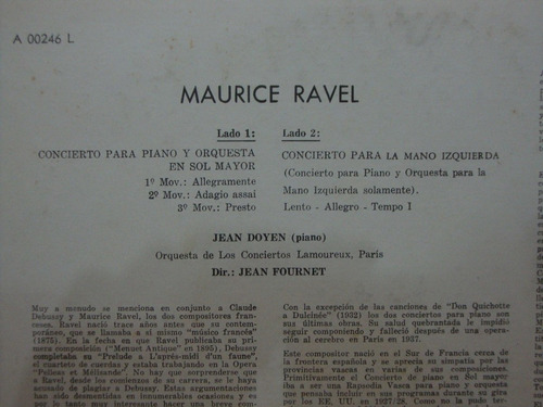 Vinilo Orquesta Lamoureaux Jean Doyen Piano Ravel Cl2