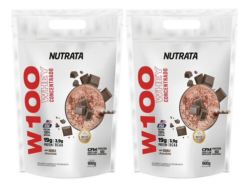 2x W100 Whey Protein Concentrado 900g Com Bcaa - Kit Nutrata Sabor Chocolate