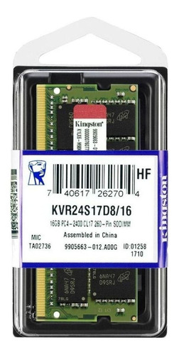 Memória RAM 16GB 1x16GB Kingston KVR24S17D8/16