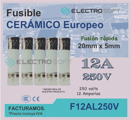 5pz Fusible Cerámico Europeo 12a 250v | 12 Amperios