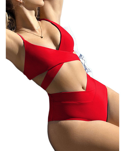 Trajes Bikini Sexy Mujer 2 Piezas Color Sólido Verano Playa Rojo M