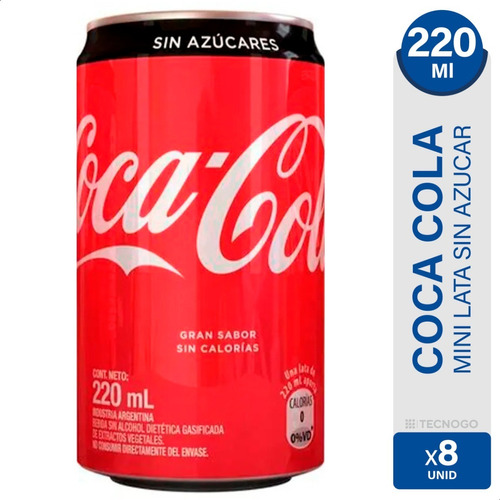 Imagen 1 de 6 de Coca Cola Sin Azucar Lata Mini Gaseosa Dietetica - Pack X8