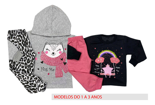 Kit 3 Conjuntos Moletom Infantil Menina Roupa Inverno