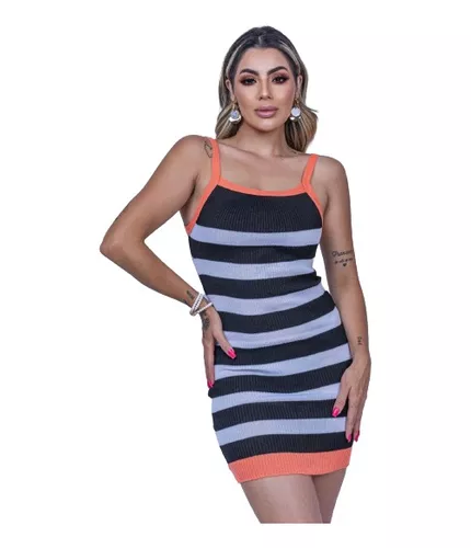 Vestido Manga Curta Midi Tricot Cintura Fina Justo Inspiraçã