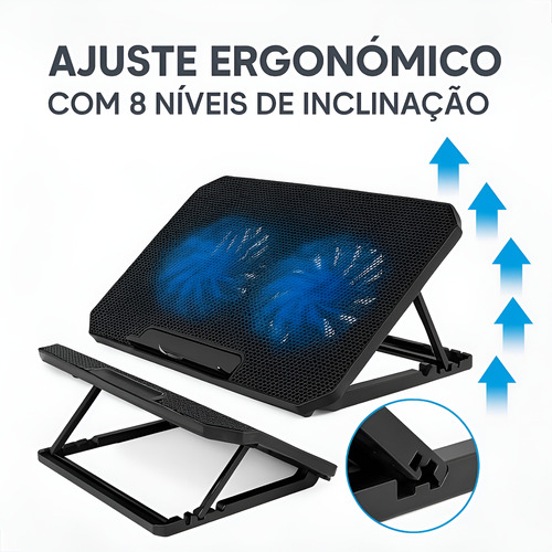 Suporte Macboock Notebook Apoio 2 Cooler Com Led 8 Posições