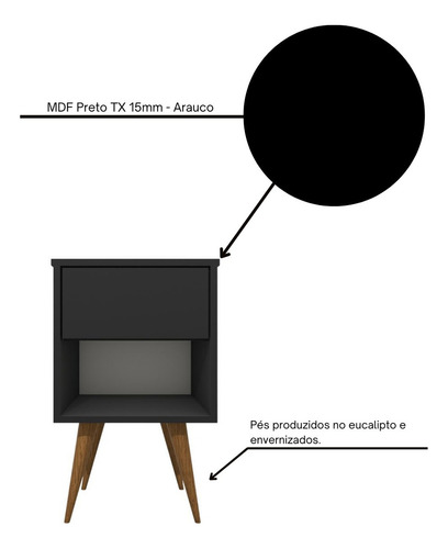 Kit 2 Mesas De Cabeceira Pés Palito Retrô 100% Mdf Acabamento Fosco Cor Preto