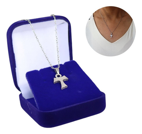 Colar Prateado Com Medalha Tau Franciscano Mini Em Prata Cor Azul