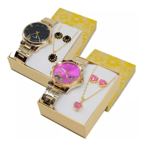 Relógio Feminino Dourado + Kit Colar E Brinco Foliado + Caix