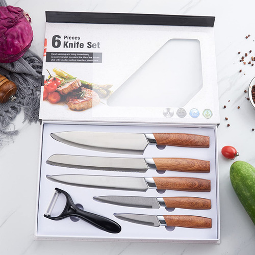 Set De 5 Cuchillos Acero Premium Mango De Madera Con Pelador Color Marrón