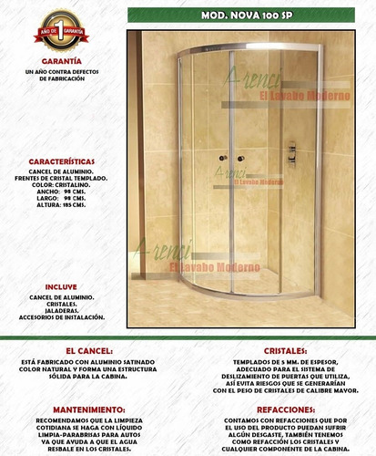 Imagen 2 de 5 de Arenci-ducha Baño Regadera Cancel 100x100 Mod. Nova 100 Sp
