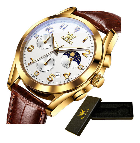 Reloj De Cuero Olevs Quartz Moon Phase Luminous