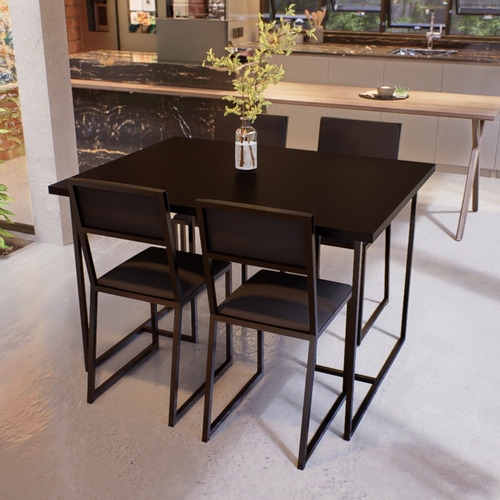 Conjunto Mesa De Jantar Retangular Preta 4 Cadeiras Preto