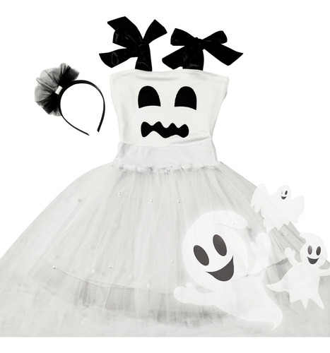 Vestido Infantil Fantasia Menina Halloween Fantasma Tiara