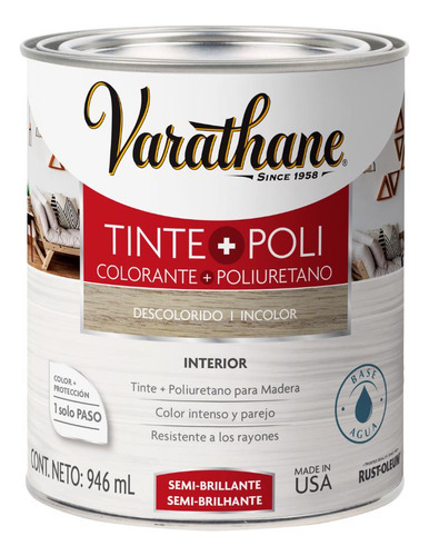 Tinte+poliuretano Para Madera Semi Brillante Varathane 946ml Color Descolorido