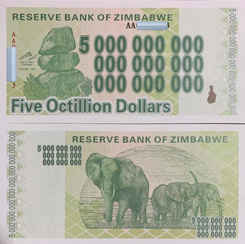 Billete 5 Octillion Dollars Zimbabwe