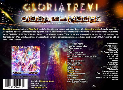 Gloria Trevi - Diosa De La Noche En Vivo Arena Cdmx 2 Cd/dvd | Envío gratis Gloria Trevi - Diosa De La Noche En Vivo Arena Cdmx 2 Cd/dvd | Envío gratis